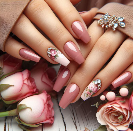 Nagelset in Rosa mit Blumen- und Strass-Verzierungen