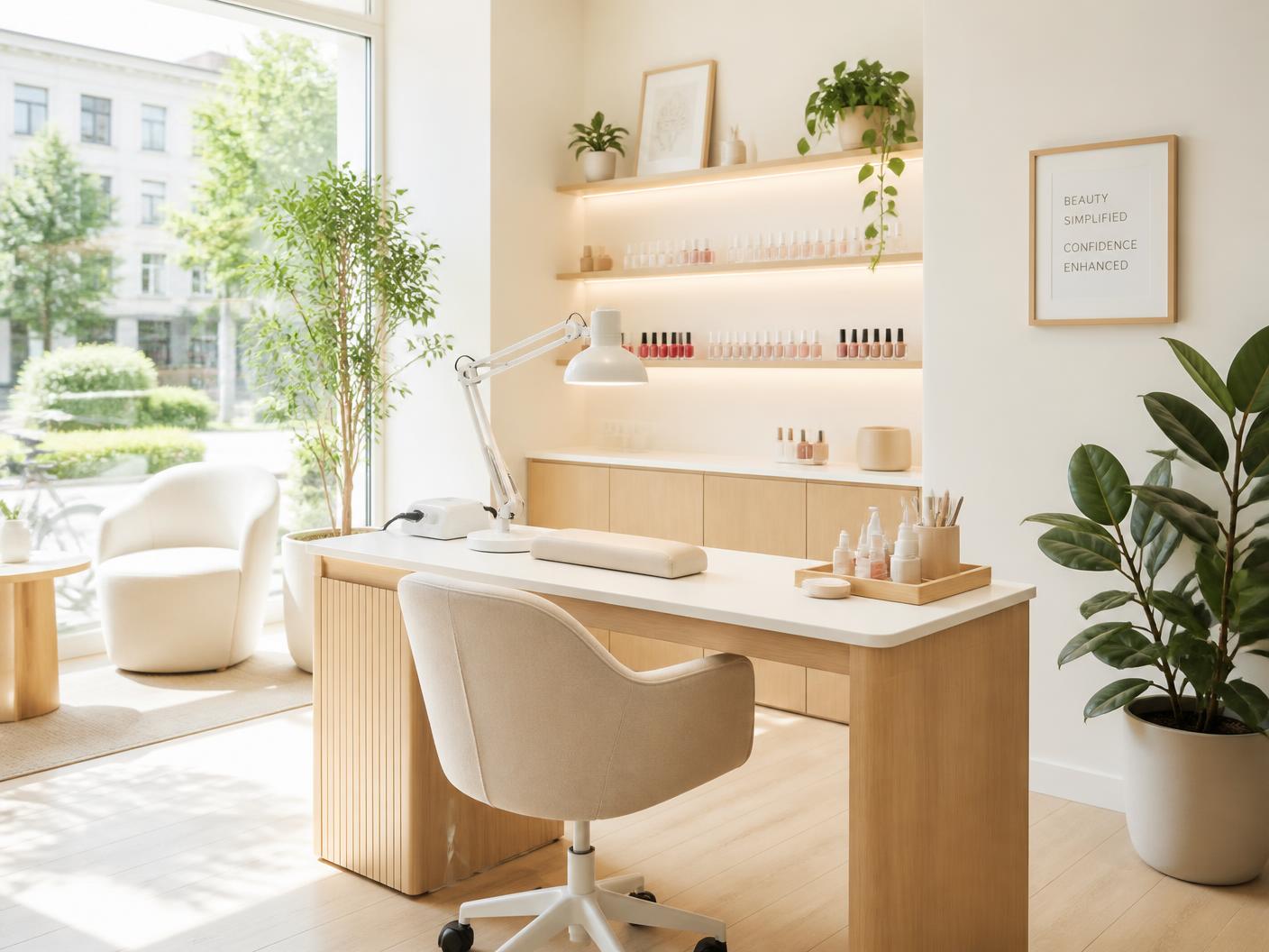 Heller Salonraum mit Arbeitsplatz, Tageslicht und Pflanzen